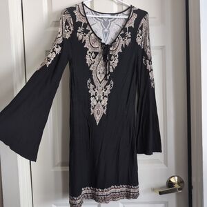 Black and pink paisley bell sleeve dress with tie neck detail
